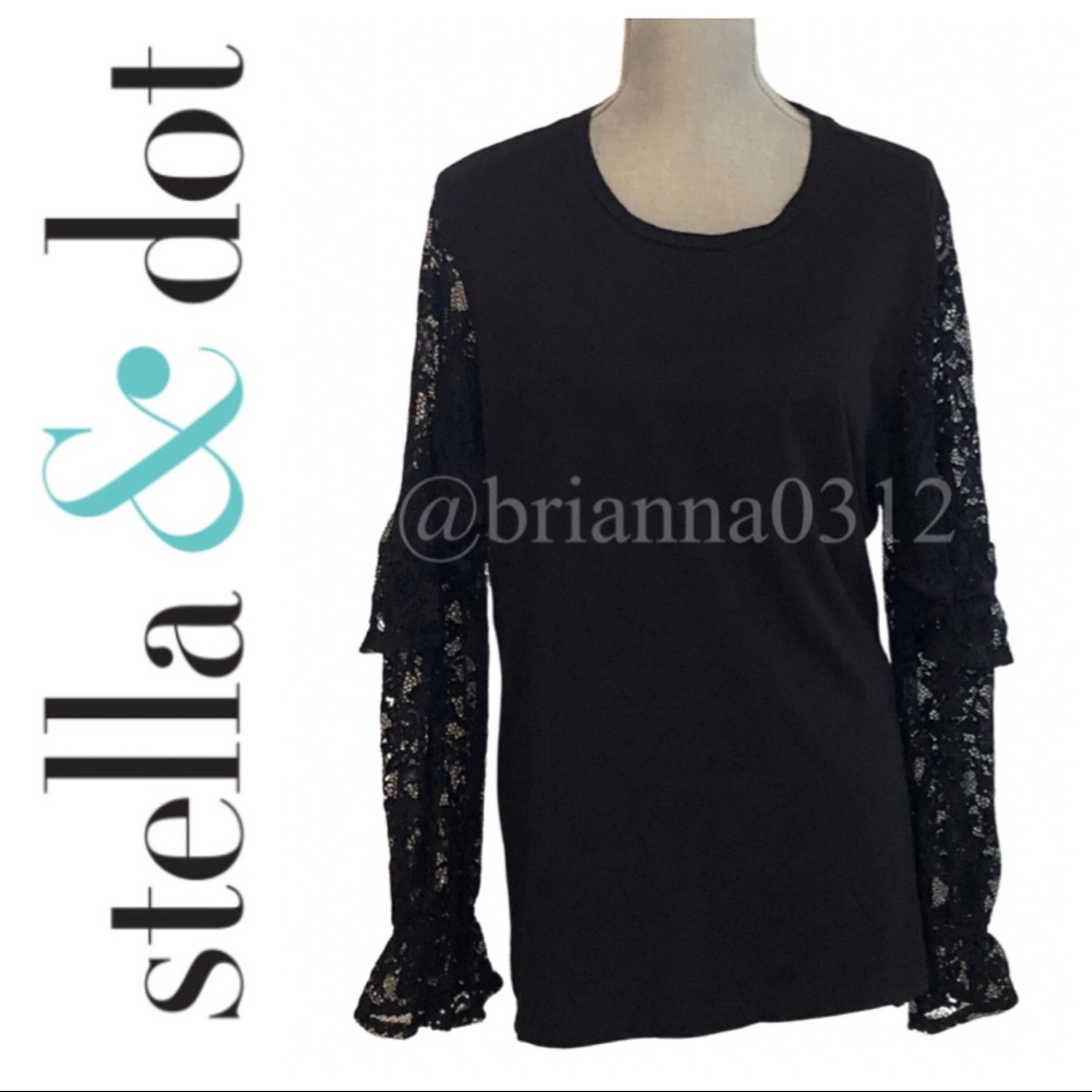 Stella and Dot Black Crew Neck Lace Arms Belle Top